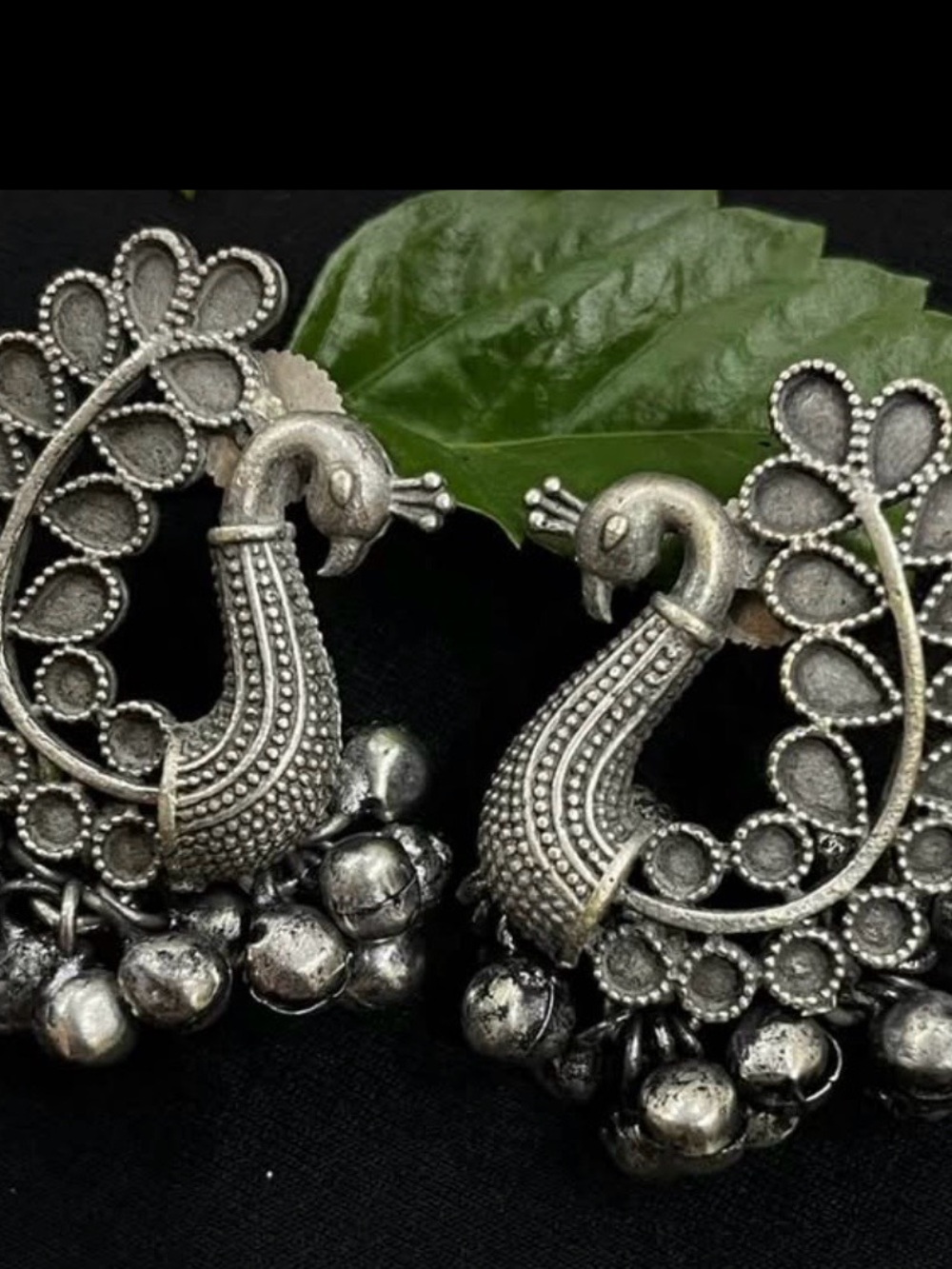 Oxidized Silver Peacock Hoop Earrings with Jhumka Bells - Women Jewelry